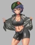  1girl absurdres beret bike_shorts black_hair breasts camouflage camouflage_jacket collarbone green_headwear hat highres hitch_(perotoss) jacket large_breasts looking_at_viewer military_jacket navel open_clothes open_jacket original sergeant_joo sharp_teeth solo sweat tan tank_top teeth thighs toned w yellow_eyes 