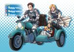  1girl 2boys alpha_(ff14) armor blonde_hair brown_hair character_name dion_lesage final_fantasy final_fantasy_xiv final_fantasy_xvi gameplay_mechanics gauntlets health_bar highres in-franchise_crossover kihel_(ff16) motor_vehicle motorcycle multiple_boys riding robe seven7ink sidecar smile teeth terrence_(ff16) upper_teeth_only vehicle_focus 