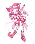  1girl :d artist_name boots commentary_request dress fafa_(ojamajo_doremi) full_body greenriverknight harukaze_poppu high_heel_boots high_heels holding holding_wand knee_boots looking_at_viewer magical_girl ojamajo_doremi one_eye_closed open_mouth pink_dress pink_eyes pink_footwear pink_hair pink_headwear short_hair smile standing star_(symbol) twintails v_over_eye wand white_background 