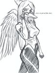  2023 anthro black_and_white blush cosplay dark_rya dinosaur eyewear fang_(gvh) feathered_wings feathers female fingers glasses goodbye_volcano_high hair hi_res long_hair looking_at_viewer monochrome pterodactylus pterosaur reptile scalie snoot_game snout solo text translation_check translation_request wings 