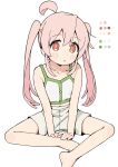  1girl :o ahoge bare_arms bare_shoulders barefoot blush camisole color_guide genderswap genderswap_(mtf) hair_between_eyes highres knees_apart_feet_together legs long_hair looking_at_viewer onii-chan_wa_oshimai! oyama_mahiro parted_lips pink_hair red_eyes seramikku shorts simple_background sitting solo twintails very_long_hair white_background white_camisole white_shorts 