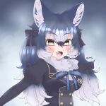  1girl absurdres animal_ears blazer blue_hair cthun_n dire_wolf_(kemono_friends) extra_ears fang grey_background grey_eyes highres jacket kemono_friends kemono_friends_v_project long_hair looking_at_viewer microphone ribbon scarf simple_background solo twintails virtual_youtuber wolf_ears wolf_girl 