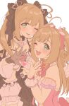  2girls ;d ahoge arm_garter blush chagi_chage dress dual_persona hair_ribbon heart heart_ahoge heart_hands heart_hands_duo highres idolmaster idolmaster_cinderella_girls idolmaster_cinderella_girls_starlight_stage light_brown_hair looking_at_viewer multiple_girls one_eye_closed pink_dress ribbon sato_shin simple_background smile tongue tongue_out two-tone_dress two_side_up white_background white_wings wings wrist_cuffs 