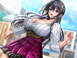  1girl black_hair black_skirt blue_sky breasts cleavage cloud collarbone cowboy_shot dutch_angle fingernails highres houhokekyo large_breasts long_hair long_sleeves looking_at_viewer multicolored_clothes multicolored_skirt open_mouth original outdoors pleated_skirt purple_eyes purple_skirt shirt skirt sky smile solo standing sunlight teeth upper_teeth_only v-neck white_shirt 
