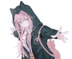  1girl alternate_hair_length alternate_hairstyle backpack bag black_jacket black_shirt breasts danganronpa_(series) danganronpa_2:_goodbye_despair dress_shirt flipped_hair hair_ornament highres hood hood_up hooded_jacket jacket long_hair long_sleeves looking_at_viewer nanami_chiaki neck_ribbon no_hair_ornament nokoru_sora open_clothes open_jacket pink_bag pink_eyes pink_hair pink_ribbon ribbon shirt simple_background skirt smile solo white_background white_shirt 