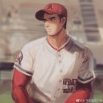  1boy bara baseball baseball_cap hat highres light_frown looking_to_the_side male_focus original short_hair sideburns solo steve_zheng thick_eyebrows toned toned_male upper_body 