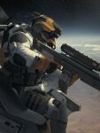  1boy aiming armor assault_rifle astronaut bodysuit chest_rig djahal gloves gun helmet highres knee_pads magazine_(weapon) original rifle science_fiction scope solo space space_helmet spacesuit star_(sky) weapon white_bodysuit yellow_gloves 