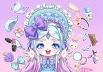  1girl :d aqua_hair artist_name blue_dress blue_eyes blue_eyeshadow blue_headwear bonnet bow chibi dress eyeshadow gradient_hair hair_bow han_bingjing incoming_hug kumu_zaisheng makeup multicolored_hair outstretched_arms pink_hair purple_background purple_bow smile solo upper_body ye_luoli 