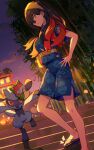  1girl black_hair blue_shirt blue_shorts carmine_(pokemon) closed_mouth cloud commentary_request hairband hand_on_own_hip highres hsin knees long_hair looking_at_viewer mask mole mole_under_eye multicolored_hair night orange_eyes outdoors pokemon pokemon_(creature) pokemon_(game) pokemon_sv riolu sandals shirt short_sleeves shorts sky stairs standing yellow_hairband 