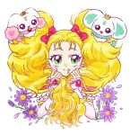  1girl blonde_hair bow crown detached_sleeves flower futari_wa_precure futari_wa_precure_max_heart green_eyes hair_bow hair_ornament heart heart_hair_ornament holding_own_hair hoppetoonaka3 kujou_hikari long_hair lulun porun precure shiny_luminous smile twintails white_background 