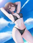  1girl alternate_costume armpits arms_up bikini black_bikini blue_sky blush breasts breasts_apart brown_hair cloud commentary_request covered_nipples dutch_angle green_eyes halterneck hands_in_hair highres idolmaster idolmaster_cinderella_girls linea_alba looking_at_viewer medium_breasts navel okuri_banto outdoors partial_commentary shibuya_rin sideboob skindentation sky solo stomach string_bikini swimsuit 