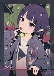  1girl absurdres animal_ears blue_eyes blunt_bangs blush drawstring eating flower food food_in_mouth fruit hair_ornament highres hololive hololive_english jacket long_sleeves looking_at_viewer mole mole_under_eye nail_polish ninomae_ina&#039;nis ouchi040 pointy_ears progress_bar purple_hair short_hair solo strawberry virtual_youtuber 