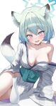  1girl absurdres animal_ears bath_yukata blue_archive blue_halo breasts cleavage green_hair halo highres japanese_clothes kimono kustaru large_breasts long_sleeves obi official_alternate_costume sash shigure_(blue_archive) shigure_(hot_spring)_(blue_archive) short_hair solo tail weasel_ears weasel_tail white_kimono yukata 