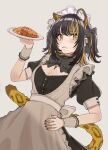  1girl absurdres alternate_costume animal_ear_fluff animal_ears black_bow black_dress black_hair black_nails blonde_hair bow breasts cleavage cross dress enmaided food grey_background hand_up highres holding holding_plate idolmaster idolmaster_shiny_colors ikaruga_luca kemonomimi_mode latin_cross leopard_ears leopard_girl leopard_tail looking_at_viewer maid medium_breasts multicolored_hair nail_polish parted_lips plate puffy_short_sleeves puffy_sleeves short_sleeves simple_background solo streaked_hair tail tanupon wrist_cuffs yellow_eyes 
