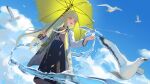  1girl :d arknights artist_name bird black_choker black_skirt blue_sky blunt_bangs brown_shirt choker day elf feet_out_of_frame green_hair high-waist_skirt highres holding holding_umbrella hydrokinesis kkkkled long_hair long_legs long_sleeves looking_to_the_side muelsyse_(arknights) open_labcoat open_mouth orange_eyes outdoors pointy_ears shirt skirt sky smile solo standing umbrella very_long_hair water 