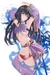  1girl absurdres armpits arms_up bandeau bare_shoulders black_hair commentary_request cowboy_shot detached_sleeves head_chain head_tilt highres inoue_takina jewelry long_hair looking_at_viewer lycoris_recoil midriff navel neck_ring parted_lips pharmarr purple_eyes purple_skirt skirt solo standing stomach strapless thighs tube_top very_long_hair white_background 