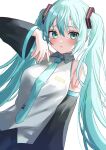  1girl absurdres blue_eyes blue_hair blush collared_shirt detached_sleeves hair_ornament hatsune_miku highres long_hair long_sleeves nail_polish necktie parted_lips shinzousan shirt sleeveless sleeveless_shirt solo tie_clip twintails very_long_hair vocaloid 