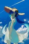 1girl :o alternate_costume arm_up bare_shoulders blue_eyes blue_hair blue_sky cloud commentary_request contrail day dress feet_out_of_frame floating_hair from_behind from_below fukomo hair_over_one_eye hand_on_headwear hat highres long_hair looking_ahead looking_to_the_side low_twintails open_mouth otomachi_una outdoors sketch sky sleeveless sleeveless_dress solo standing straw_hat sundress twintails vocaloid white_dress wind 