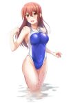  1girl blue_one-piece_swimsuit breasts brown_eyes commentary_request competition_swimsuit covered_navel highres long_hair medium_breasts one-piece_swimsuit original red_hair simple_background solo swimsuit tsuyunominaduki two-tone_swimsuit wading water wet wet_clothes wet_swimsuit white_background 
