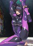  1girl :p akisu_k black_bodysuit black_gloves black_hair bodysuit breasts closed_mouth eyepatch fingerless_gloves gloves han_juri large_breasts leg_up looking_at_viewer one_eye_covered purple_eyes smile solo street_fighter toeless_bodysuit toenails tongue tongue_out v-shaped_eyebrows 