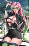  1girl arm_up baileymcpatty belt black_jacket black_skirt blurry blurry_background breasts commentary demon_slayer_uniform gradient_hair green_eyes green_hair green_thighhighs haori highres holding holding_sword holding_weapon jacket japanese_clothes kanroji_mitsuri kimetsu_no_yaiba large_breasts long_hair looking_at_viewer mole mole_under_eye multicolored_hair multiple_moles outdoors parted_lips partially_unbuttoned patreon_username pink_hair pleated_skirt signature skirt solo sword teeth thighhighs tri_braids weapon whip_sword white_belt 