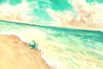  animal_focus aqua_theme beach blue_sky closed_eyes cloud commentary_request day dutch_angle highres horizon lying manaphy no_humans ocean on_stomach outdoors partial_commentary pokemon pokemon_(creature) sand sky solo tensaitou_tou water wet 