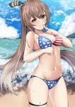  1girl absurdres american_flag_bikini beach bikini blush breasts brown_hair cleavage day feather_hair_ornament feathers finger_to_mouth flag_print grin hair_ornament hairclip highres hololive legband looking_at_viewer medium_breasts multicolored_hair nanashi_mumei navel ocean outdoors smile solid_eyes solo standing streaked_hair summer swimsuit virtual_youtuber watchimen 