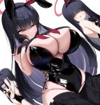  4girls absurdres animal_ears bare_shoulders black_choker black_gloves black_hair black_leotard black_skirt black_wrist_cuffs blue_archive blunt_bangs breasts choker closed_eyes closed_mouth clothes_pull covered_eyes fake_animal_ears gloves hair_over_eyes halo highres huge_breasts justice_task_force_member_(blue_archive) leotard long_hair multiple_girls nicorima open_mouth playboy_bunny rabbit_ears simple_background skirt skirt_pull solo_focus white_background 
