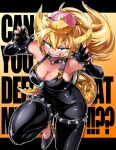  1girl armlet bare_shoulders black_gloves black_nails black_overalls blonde_hair blue_eyes blush bowsette bracelet breasts cleavage collar commentary_request crown elbow_gloves english_text fingerless_gloves fingernails foot_out_of_frame gloves hair_between_eyes horns jewelry large_breasts letterboxed long_hair looking_at_viewer mario_(series) medium_bangs new_super_mario_bros._u_deluxe open_mouth outline overalls pointy_ears shimizu_pem smile solo spiked_armlet spiked_bracelet spiked_collar spiked_shell spiked_tail spikes super_crown tail turtle_shell v-shaped_eyebrows white_outline yellow_horns 