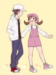  1boy 1girl alternate_costume baseball_cap brown_eyes brown_hair closed_eyes flower_(symbol) full_body hand_in_pocket hat highres hood hoodie looking_at_another lyra_(pokemon) overalls pink_footwear pokemon pokemon_(game) pokemon_hgss pumpkinpan red_(pokemon) red_footwear simple_background smile standing twintails yellow_background 