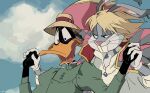  anatid anseriform avian bird blonde_hair bugs_bunny clothing cloudy_sky daffy_duck duck duo hair hat headgear headwear hi_res howl&#039;s_moving_castle howl_(hmc) lagomorph leporid looney_tunes lumise05 male male/male mammal parody rabbit sophie_hatter warner_brothers 