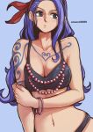  1girl alternate_costume aosora2823 arm_tattoo artist_name beads bikini black_bikini black_eyes blue_background blue_hair blush bracelet breasts chest_tattoo cleavage closed_mouth commentary cowboy_shot earrings hairband highres holding_own_arm hoop_earrings jewelry large_breasts light_frown long_hair looking_to_the_side navel nojiko one_piece parted_bangs red_hairband solo stomach swimsuit tattoo wavy_hair 