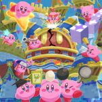  bandana blush_stickers bomb book castle colored_skin cowboy_hat egg explosive frying_pan gun hat highres holding holding_book holding_egg holding_frying_pan holding_gun holding_weapon kirby kirby&#039;s_return_to_dream_land kirby&#039;s_return_to_dream_land_deluxe kirby_(series) looking_at_viewer magolor miclot mortarboard multiple_persona no_humans one_eye_closed open_mouth pink_skin shuriken smile solid_oval_eyes string_of_flags v-shaped_eyebrows warp_star weapon 