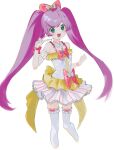  1girl absurdres blush bow breasts clenched_hand cropped_legs dress frilled_dress frills green_eyes hair_bow heart highres kurobeko_(kur0bek0) long_hair looking_at_viewer magical_girl manaka_lala open_mouth pink_bow pretty_(series) pripara purple_hair simple_background small_breasts solo thighhighs twintails v very_long_hair white_background white_thighhighs 