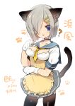  ? adapted_costume animal_ears animal_hands apron blue_eyes blue_sailor_collar breasts cat_ears cat_tail character_name cleavage_cutout clothing_cutout frilled_apron frills fujii_rino gloves grey_hair grey_skirt hair_ornament hair_over_one_eye hairclip hamakaze_(kancolle) kantai_collection large_breasts neckerchief paw_gloves paw_print pleated_skirt sailor_collar school_uniform serafuku short_hair simple_background skirt tail twitter_username white_background white_gloves yellow_apron yellow_neckerchief 