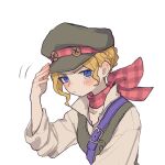  1girl ace_attorney blonde_hair blue_eyes blush braid cabbie_hat closed_mouth commentary_request gina_lestrade green_headwear green_vest hand_on_headwear hand_up hat highres long_sleeves looking_at_viewer mrokr red_scarf scarf shirt short_hair simple_background solo the_great_ace_attorney upper_body v-shaped_eyebrows vest white_background white_shirt 