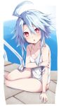  1girl ahoge bare_legs bare_shoulders blue_hair iwashi_dorobou_-r- light_blue_hair looking_at_viewer neptune_(series) one-piece_swimsuit power_symbol red_eyes short_hair_with_long_locks sidelocks sitting swimsuit symbol-shaped_pupils white_heart white_one-piece_swimsuit 