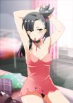  1girl armpits asymmetrical_bangs asymmetrical_hair black_choker black_hair black_nails black_panties blurry blurry_background blush breasts choker commentary dress earrings glint green_eyes hair_ribbon highres indoors jewelry kneeling long_hair long_sleeves looking_at_viewer marnie_(pokemon) mimo_(amimo0805) on_floor open_clothes panties pantyshot pink_dress pokemon pokemon_(game) pokemon_swsh red_ribbon revision ribbon short_dress simple_background small_breasts solo twintails tying_hair underwear 