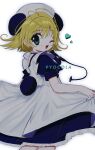  1girl animal_ears antenna_hair apron blonde_hair blue_dress di_gi_charat dress green_eyes highres looking_at_viewer maid_apron one_eye_closed open_mouth panda_ears pepeppepe101 piyoko puffy_short_sleeves puffy_sleeves short_hair short_sleeves simple_background white_background 