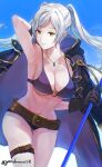  1girl armpits belt belt_buckle bikini black_coat blue_sky braid breasts brown_belt buckle cleavage closed_mouth coat day fire_emblem fire_emblem_awakening fire_emblem_heroes french_braid gimkamres04 highres holding holding_polearm holding_weapon jewelry large_breasts long_hair looking_at_viewer navel necklace o-ring o-ring_bikini official_alternate_costume outdoors polearm purple_bikini robin_(female)_(fire_emblem) robin_(female)_(summer)_(fire_emblem) robin_(fire_emblem) sky smile solo stomach swept_bangs swimsuit twintails twitter_username weapon white_hair yellow_eyes 