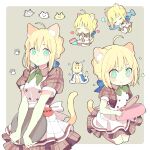  1girl 87banana ahoge alternate_costume animal_ears artoria_pendragon_(fate) blonde_hair blush bow bowtie breasts cat cat_ears cat_girl cat_tail closed_eyes commentary_request crown duplicate eating extra_ears fate/grand_carnival fate/stay_night fate_(series) fish green_eyes hair_between_eyes hair_bow hair_bun heart holding holding_tray looking_at_viewer mini_crown multiple_views pixel-perfect_duplicate saber short_sleeves single_hair_bun sleeping small_breasts tail tray waitress 