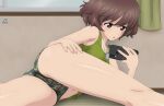  1girl absurdres acrux akiyama_yukari artist_logo brown_eyes brown_hair camouflage camouflage_panties cellphone commentary crotch_seam curtains dated dog_tags english_commentary girls_und_panzer green_panties green_tank_top hand_on_own_ass highres holding holding_phone indoors lying messy_hair navel on_floor on_side panties parted_lips phone short_hair smartphone solo split tank_top underwear underwear_only wooden_floor 