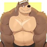  1:1 2023 accessory anthro bear bear_(same22shark) belly big_pecs bottomwear brown_body brown_fur clothed clothing erect_nipples eye_scar facial_hair facial_scar front_view fur half-length_portrait headband hi_res icon looking_at_viewer male mammal moobs musclegut muscular muscular_male nipples pecs portrait same22shark scar shorts smile snaggle_tooth solo topless 