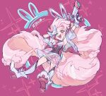  1girl absurdly_long_hair alternate_costume arm_up armpits artist_name full_body gloves green_eyes gun heterochromia highres holding holding_gun holding_weapon league_of_legends long_hair looking_at_viewer pink_eyes pink_hair simple_background smile solo teeth very_long_hair weapon white_gloves zoe_(league_of_legends) ztdlb 