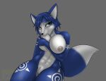  2021 2023 absurd_res anthro areola arm_markings big_breasts black_nose blue_body blue_fur blue_hair bodily_fluids breasts canid canine dipstick_tail eyebrows female fox fur genitals hair hand_on_breast hi_res jessquik krystal lactating leg_markings looking_at_viewer mammal markings nintendo nipple_fetish nipple_play nipple_suck nipples nude pussy short_hair solo star_fox sucking tail tail_markings thigh_markings white_body white_fur 