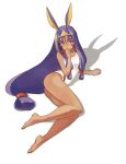  1girl animal_ears breasts chanosuke commentary_request dark-skinned_female dark_skin facial_mark fate/grand_order fate_(series) full_body hairband jackal_ears long_hair low-tied_long_hair nitocris_(fate) nitocris_(swimsuit_assassin)_(fate) nitocris_(swimsuit_assassin)_(second_ascension)_(fate) one-piece_swimsuit purple_eyes purple_hair shadow sidelocks sitting small_breasts solo swimsuit very_long_hair white_one-piece_swimsuit yokozuwari 