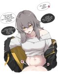  2girls absurdres bad_id bad_twitter_id black_jacket breasts commentary_request grey_hair highres honkai:_star_rail honkai_(series) implied_futanari implied_sex jacket kafka_(honkai:_star_rail) long_hair medium_breasts midriff multiple_girls navel off_shoulder open_clothes open_jacket open_mouth shirt simple_background single_bare_shoulder solo_focus stelle_(honkai:_star_rail) stomach trailblazer_(honkai:_star_rail) white_background white_shirt yellow_eyes yuri zovokia 