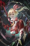  1girl :d ascot collarbone commentary_request crystal fangs flandre_scarlet full_body highres holding holding_weapon looking_at_viewer medium_hair natsume_k one_side_up open_mouth red_eyes smile solo spear_the_gungnir touhou weapon wings yellow_ascot 