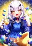  1girl absurdres apple arts_shirt black_nails blue_jacket eating fate/grand_order fate_(series) food food_on_face fruit golden_apple grey_hair highres holy_grail_(fate) jacket long_hair melusine_(fate) midriff r3_type saint_quartz_(fate) sparkling_eyes yellow_eyes 