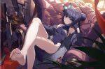 1girl absurdres bare_legs barefoot black_hair blue_archive blue_eyes breasts butterfly_hair_ornament china_dress chinese_clothes couch dragon_print dress hair_ornament halo highres kisaki_(blue_archive) legs long_hair looking_at_viewer on_couch pelvic_curtain r1zen small_breasts soles solo twintails 